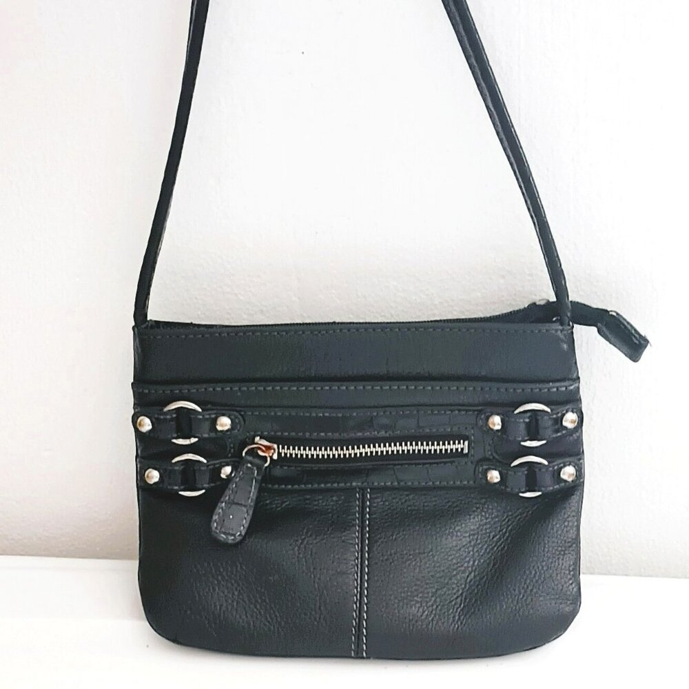 Etienne Aigner Black Leather Crossbody with Embossed Croc Print Trim Small Bag